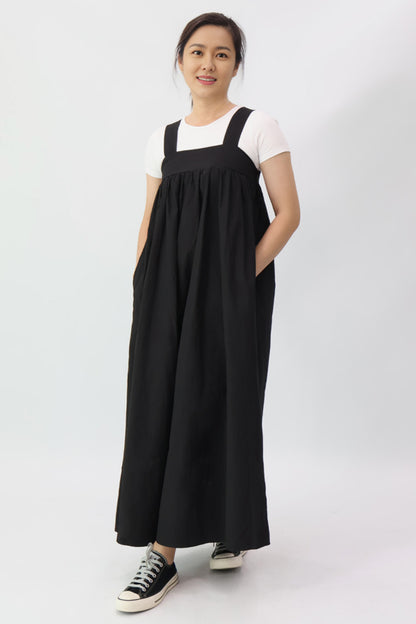 Black Solid Square Neck Long Dress