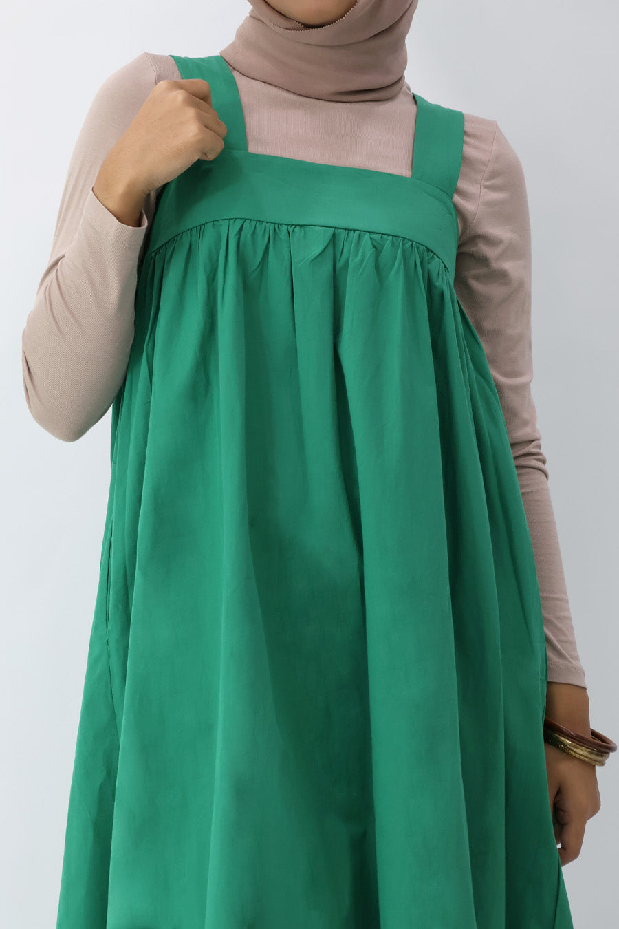 Green Solid Square Neck Long Dress