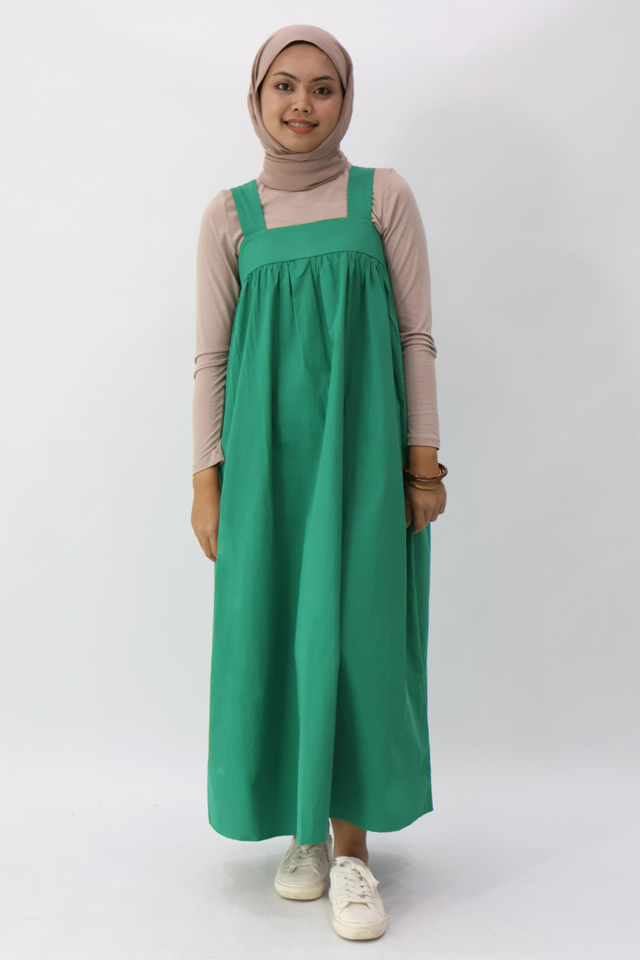 Green Solid Square Neck Long Dress