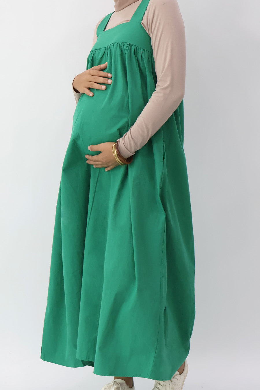 Green Solid Square Neck Long Dress