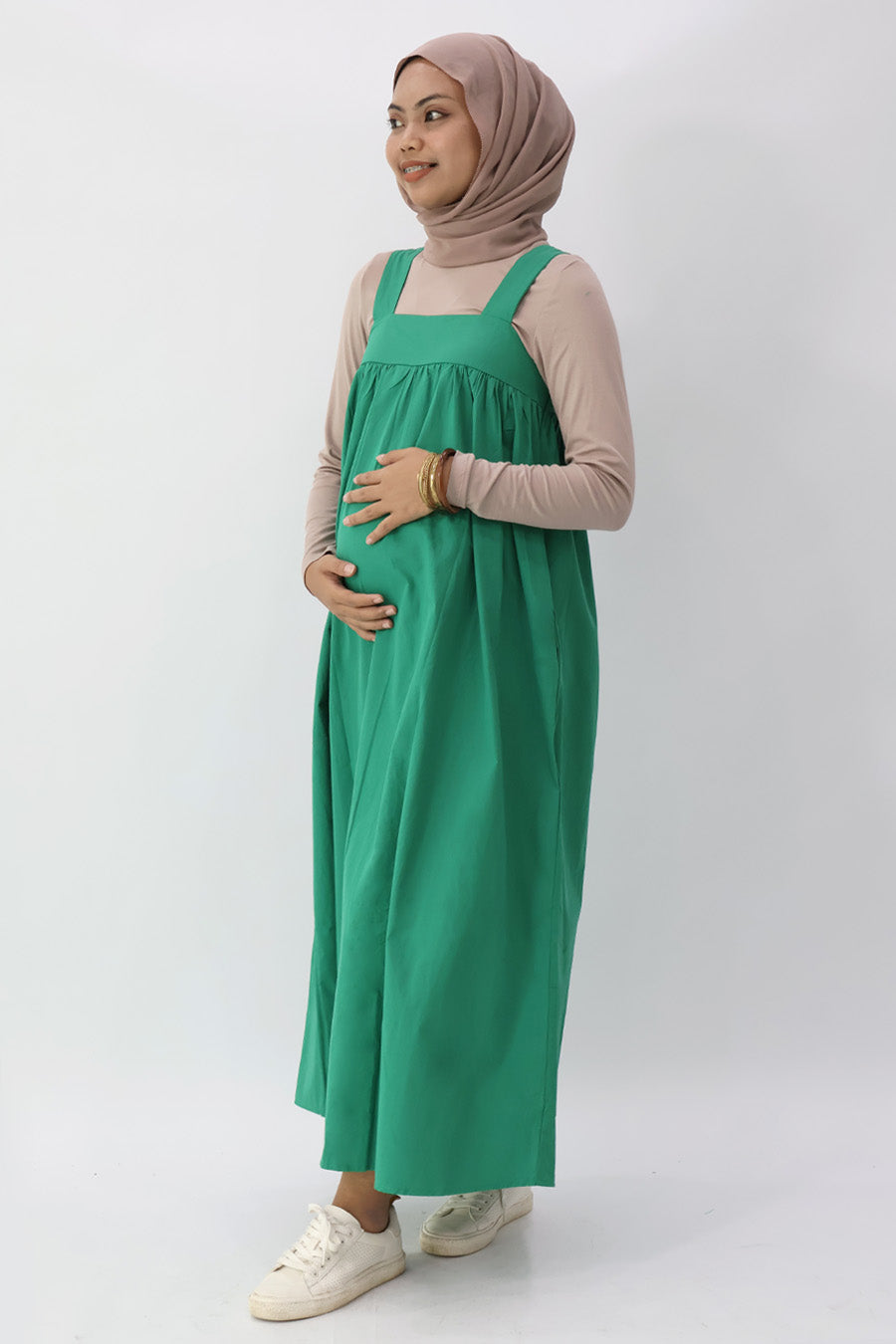 Green Solid Square Neck Long Dress