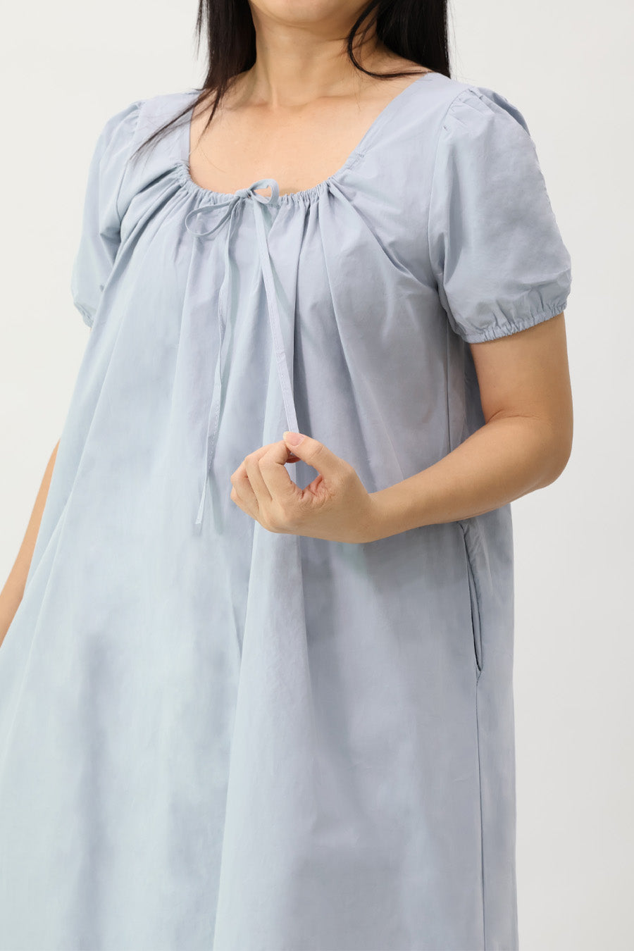 Light Blue Drawstring Neckline Midi Dress