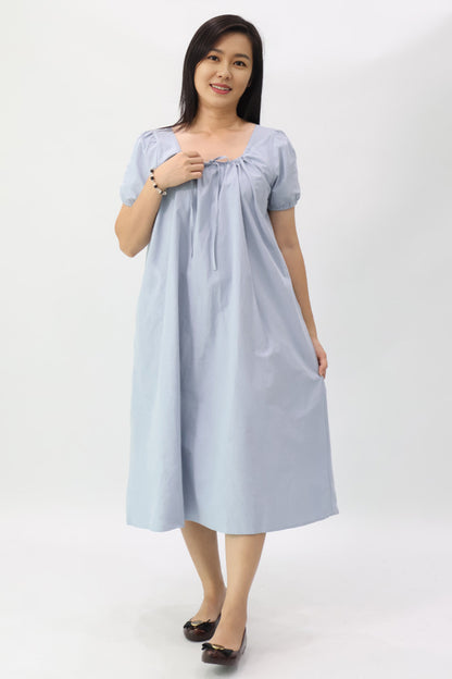 Light Blue Drawstring Neckline Midi Dress