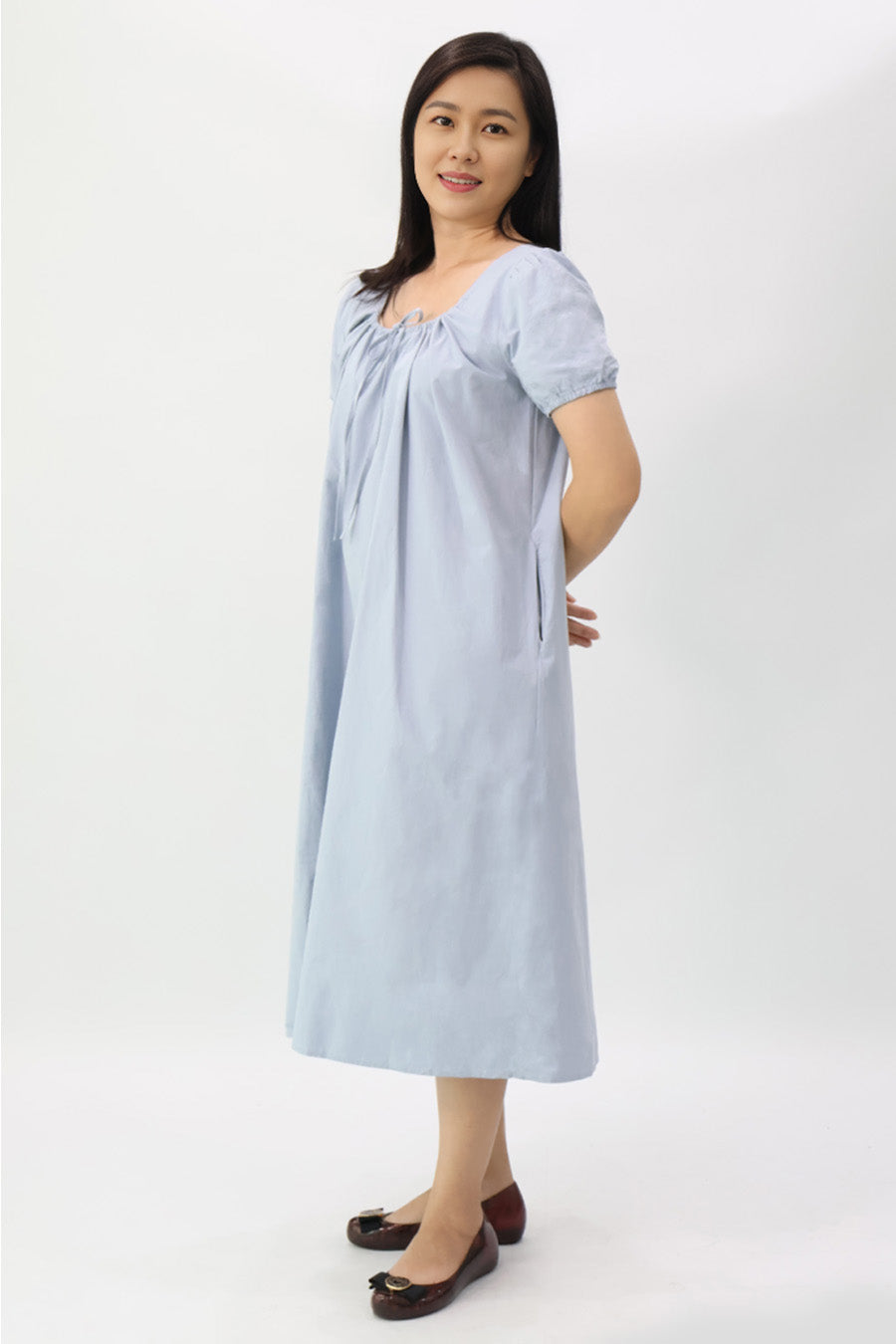 Light Blue Drawstring Neckline Midi Dress