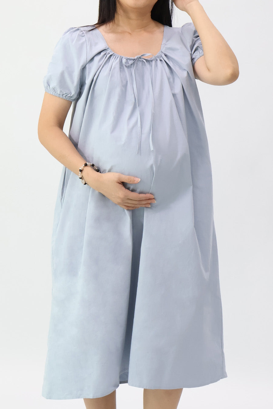 Light Blue Drawstring Neckline Midi Dress