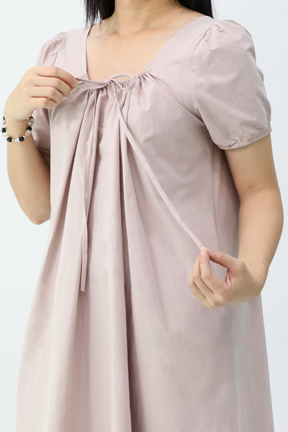 Neutral Drawstring Neckline Midi Dress