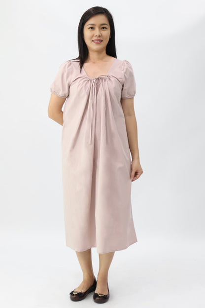 Neutral Drawstring Neckline Midi Dress