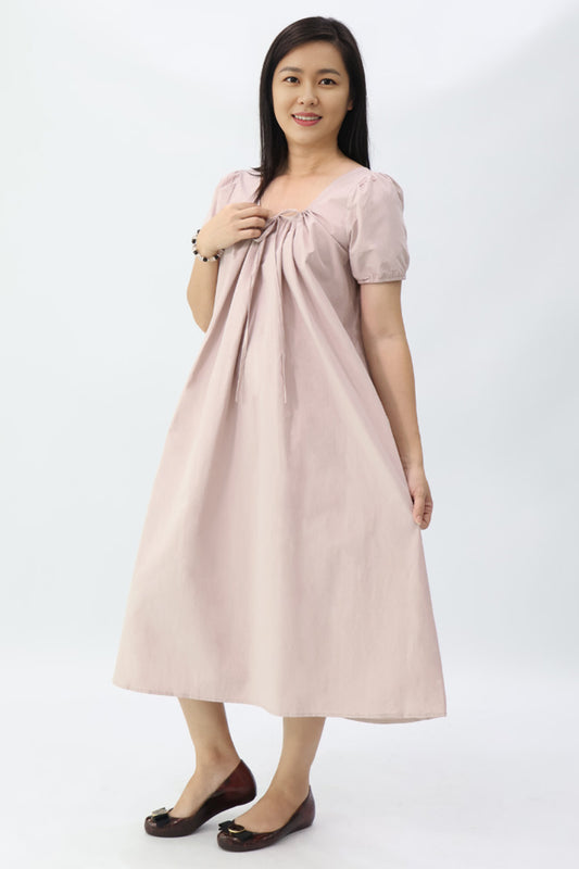 Neutral Drawstring Neckline Midi Dress