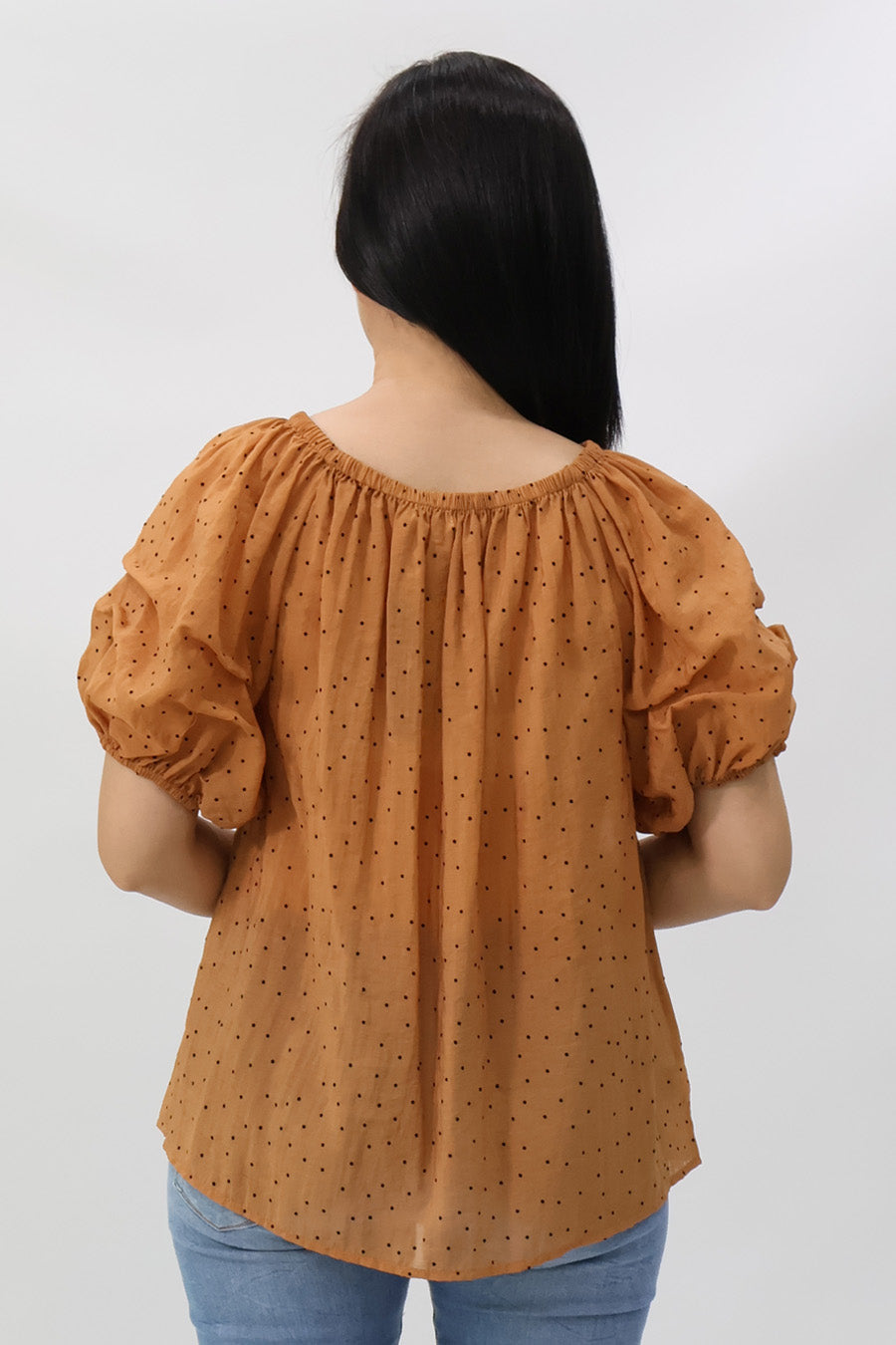 Orange Puff Sleeves Elastic Neckline Blouse