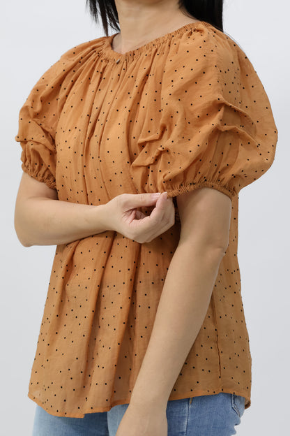 Orange Puff Sleeves Elastic Neckline Blouse