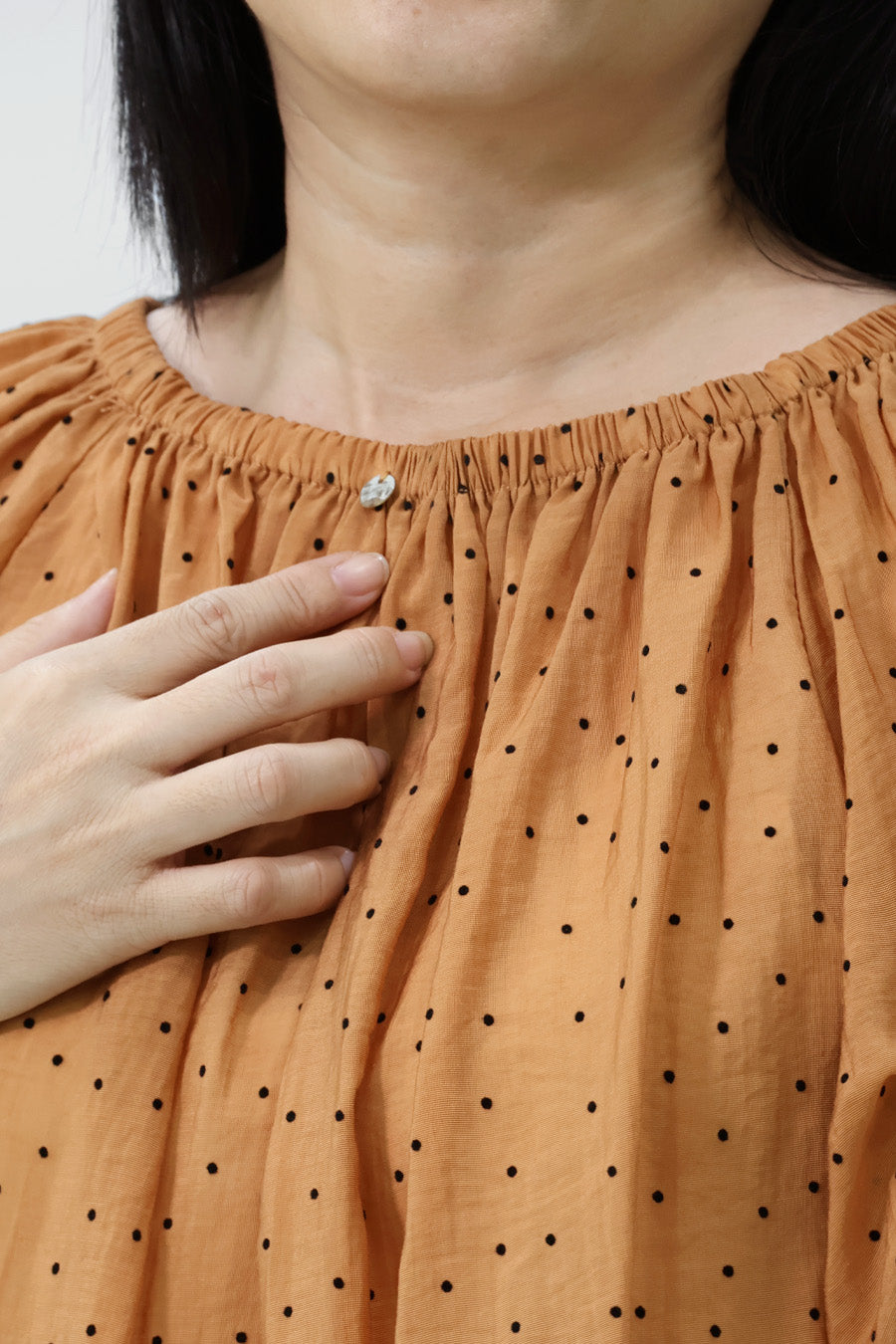 Orange Puff Sleeves Elastic Neckline Blouse