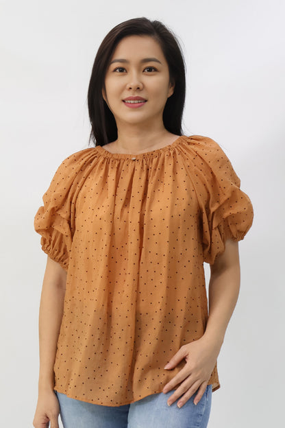 Orange Puff Sleeves Elastic Neckline Blouse