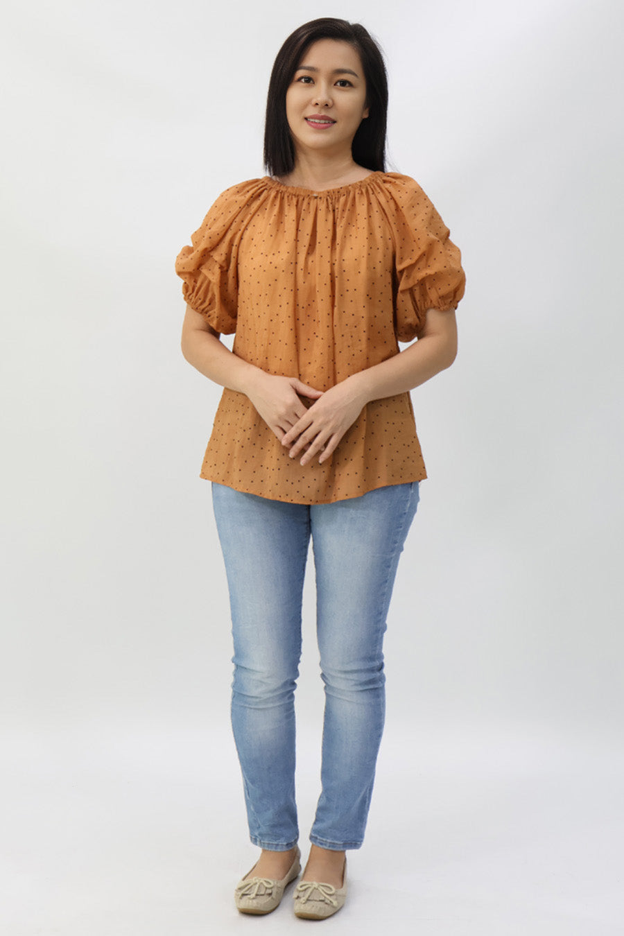 Orange Puff Sleeves Elastic Neckline Blouse