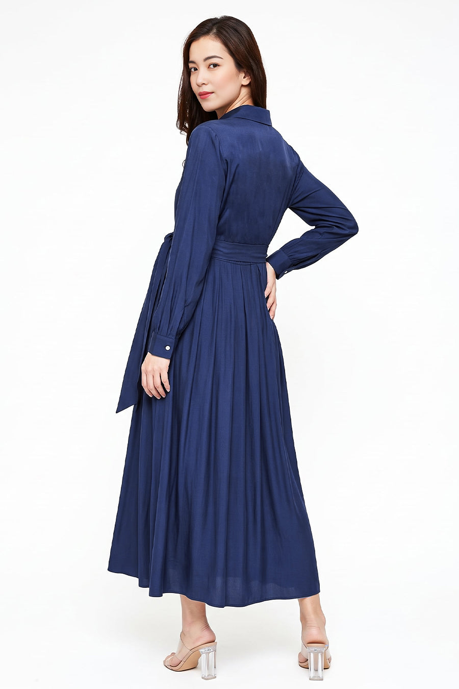 Flared maternity and nursing shirt maxi dress with adjustable waist tie back view
