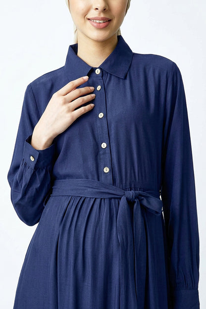 Muslimah maternity dress with button front for breastfeeding access