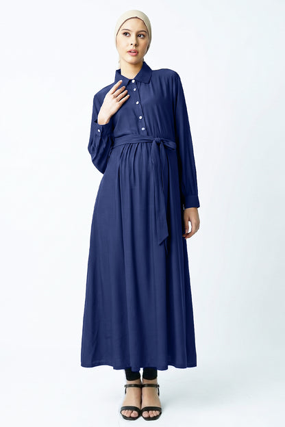 Navy maternity nursing shirt maxi dress with easy breastfeeding for modest Muslimah wear