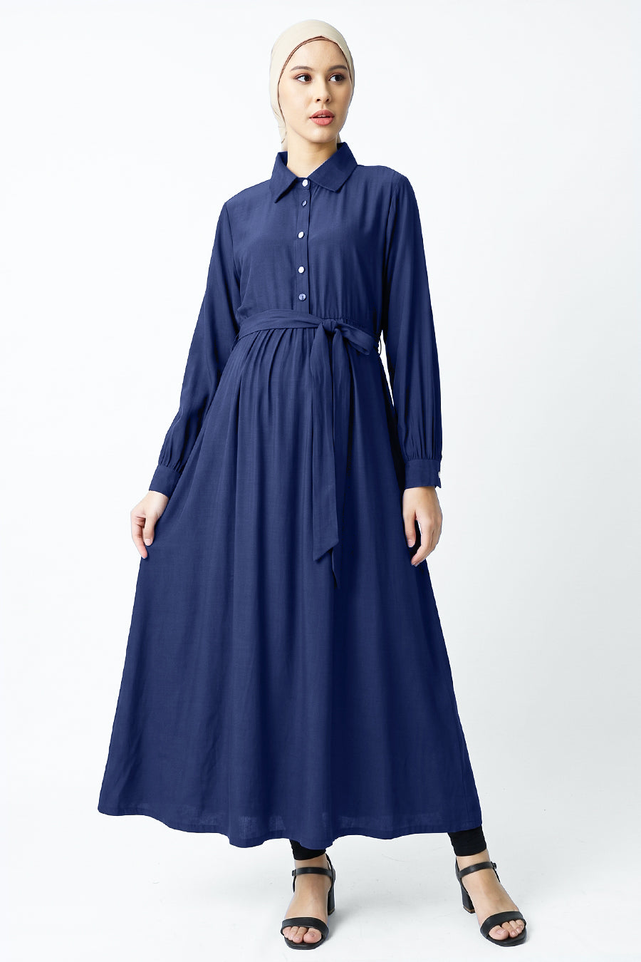 Navy maternity nursing shirt maxi dress styled for modest Muslimah wear