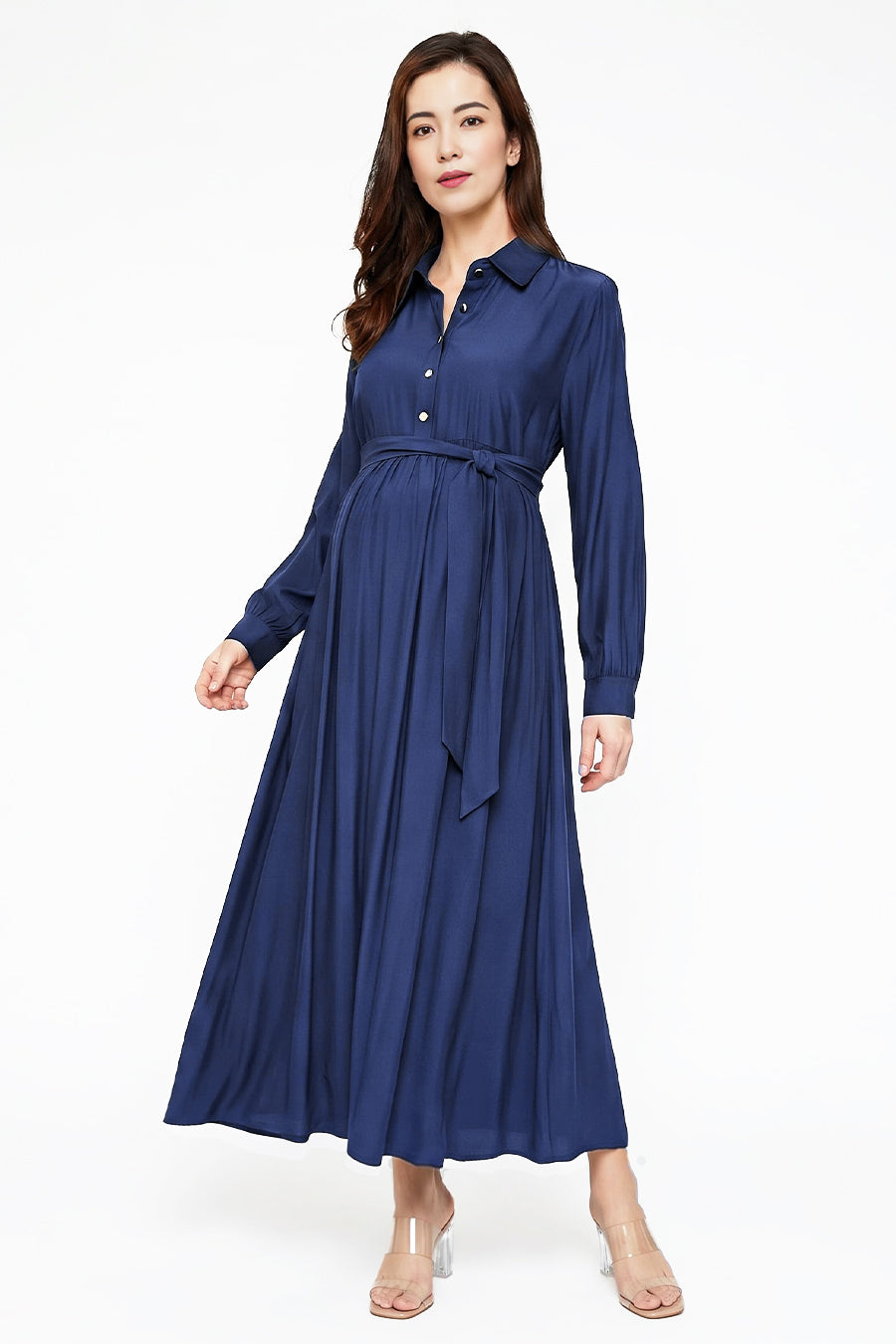 Navy flowy maternity and nursing maxi dress with button front and waist tie