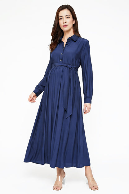 Navy flowy maternity and nursing maxi dress with button front and waist tie