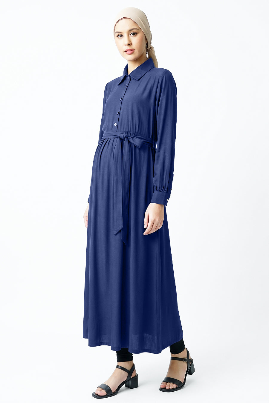 modest Muslimah maternity and breastfeeding maxi dress in navy