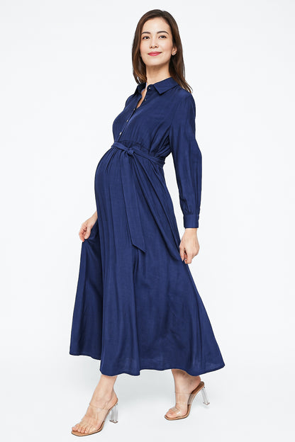 Navy flowy maternity and nursing maxi dress with adjustable waist tie