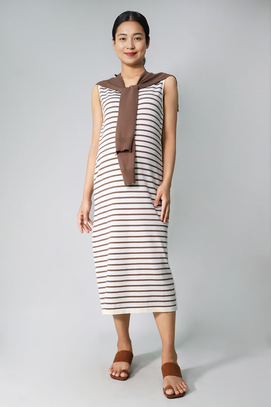 Striped Midi Knit Dress with Scarf
