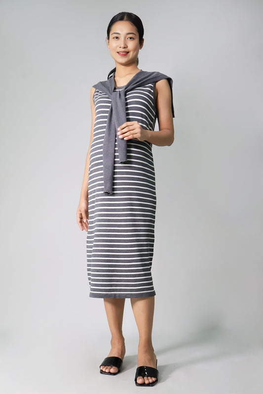 Striped Midi Knit Dress with Scarf