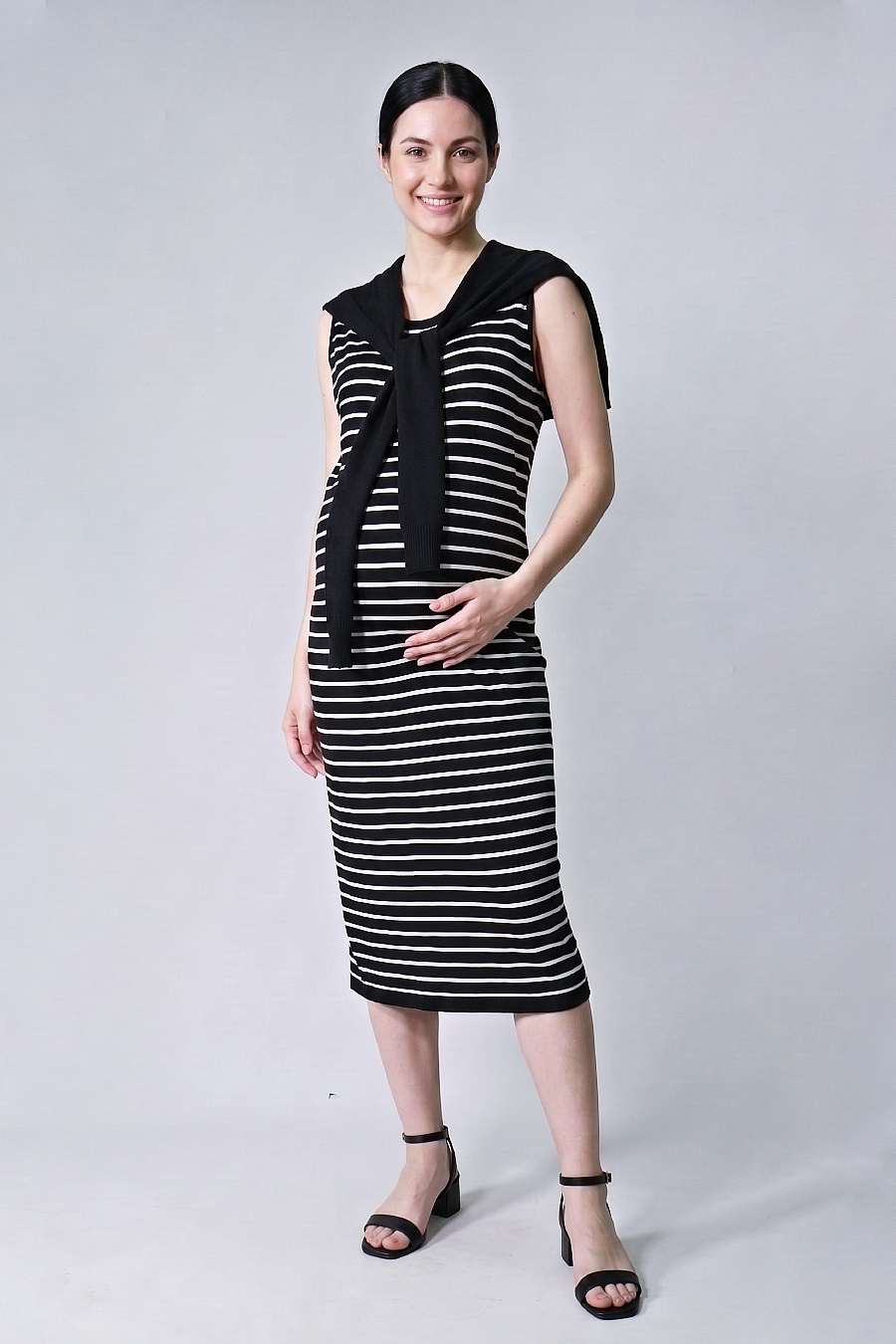 Striped Midi Knit Dress with Scarf