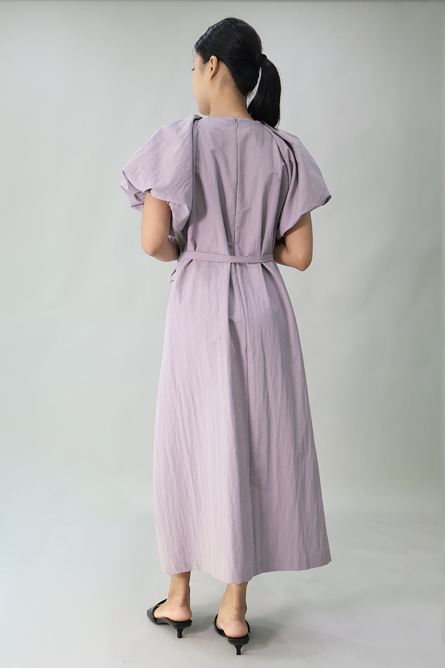 Pleated Puff-Sleeve Long Dress