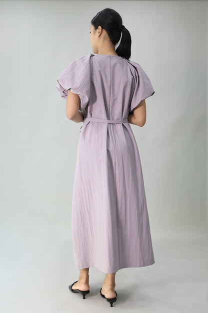 Pleated Puff-Sleeve Long Dress