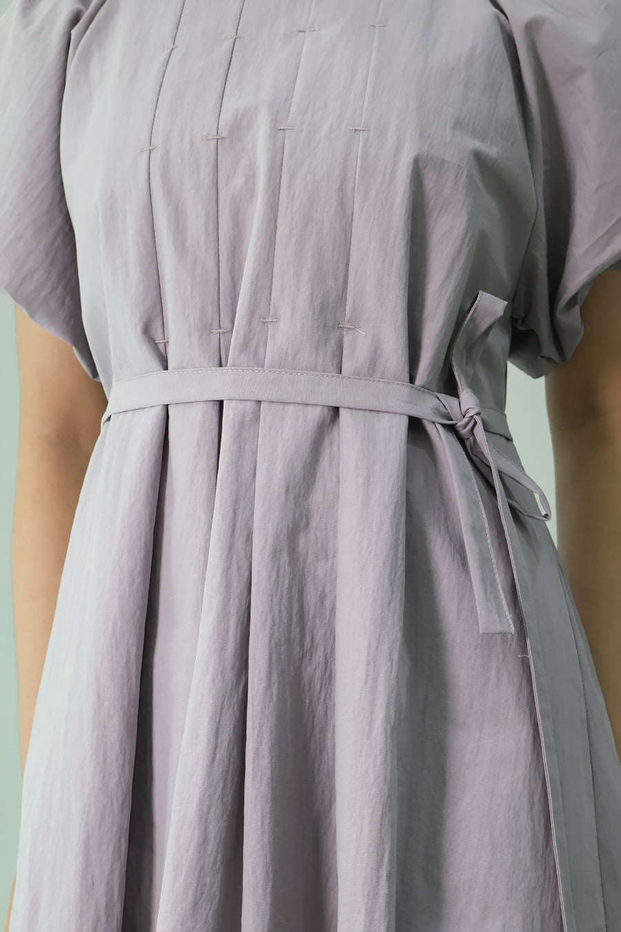 Pleated Puff-Sleeve Long Dress