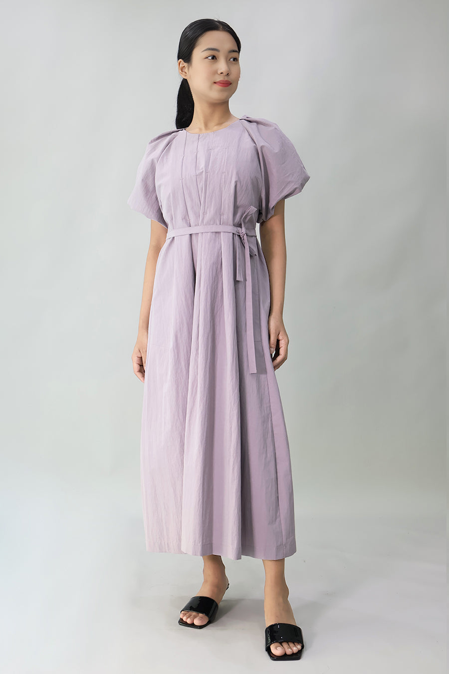 Pleated Puff-Sleeve Long Dress