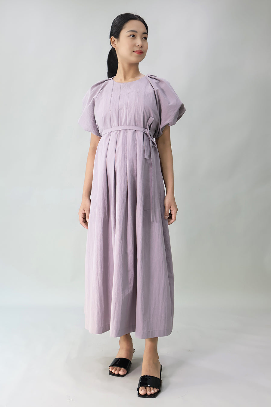 Pleated Puff-Sleeve Long Dress