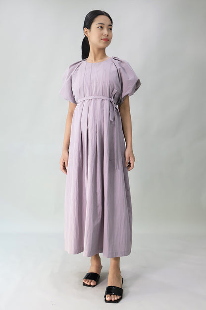 Pleated Puff-Sleeve Long Dress