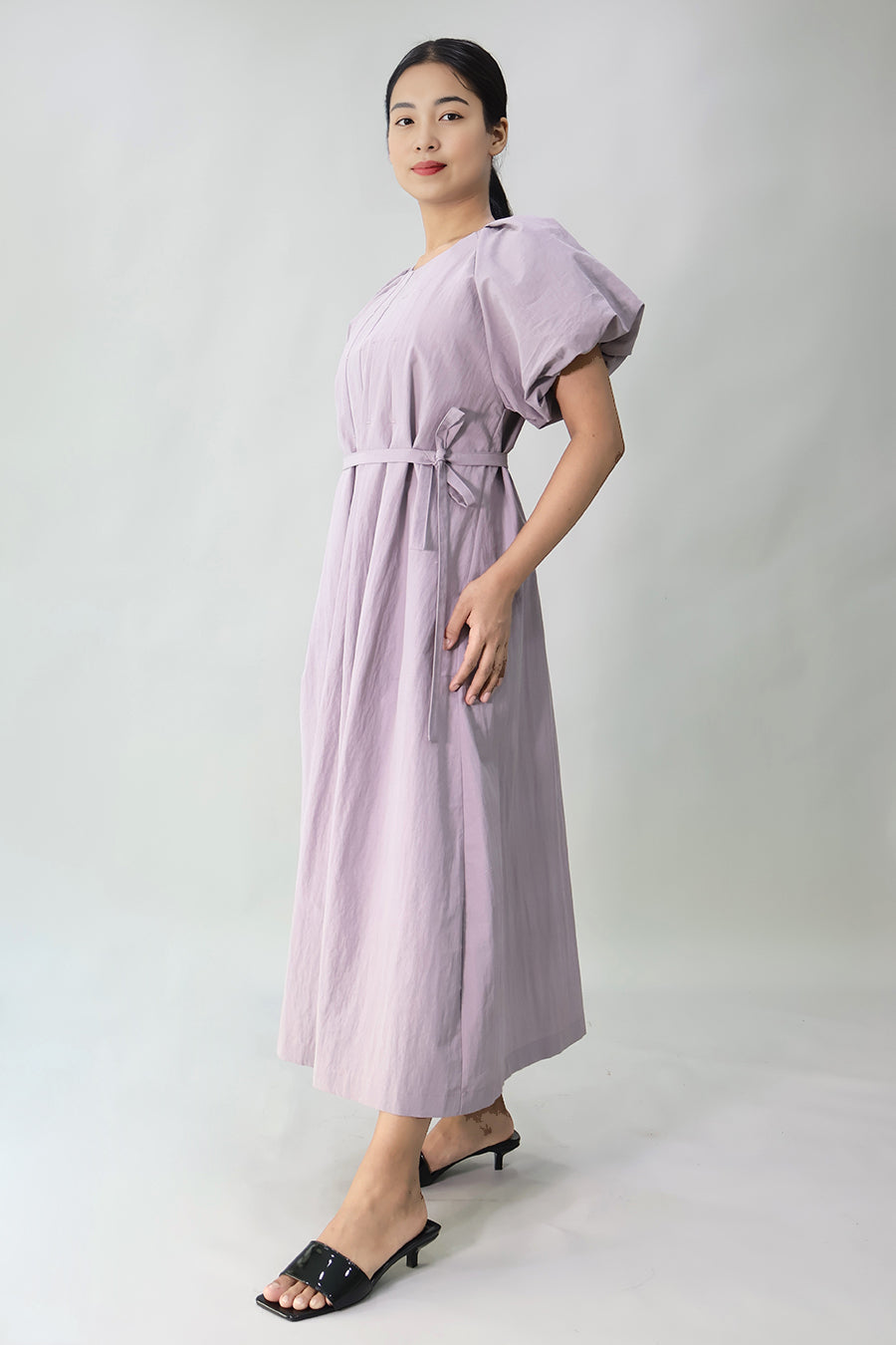 Pleated Puff-Sleeve Long Dress