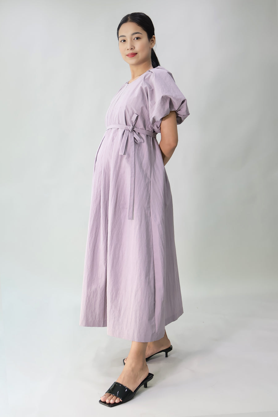 Pleated Puff-Sleeve Long Dress
