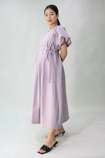 Pleated Puff-Sleeve Long Dress