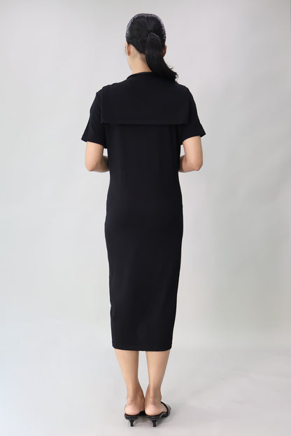 Black knit maternity midi dress with detachable scarf back view