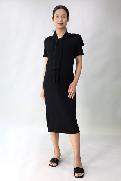 Black knit maternity midi dress with scarf front view