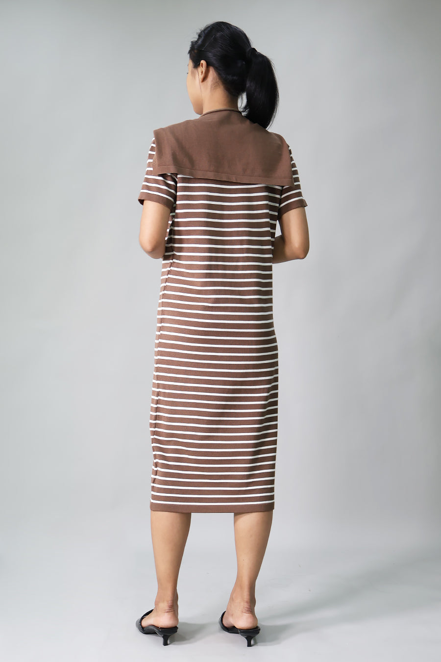 Striped knit maternity midi dress with detachable scarf back view
