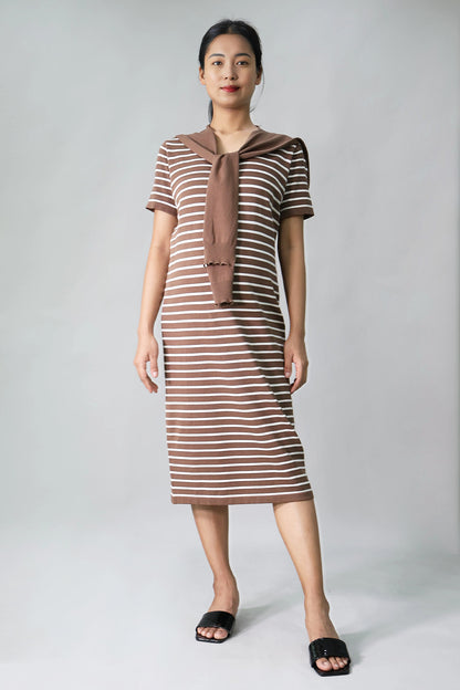 Striped knit maternity midi dress with scarf front view