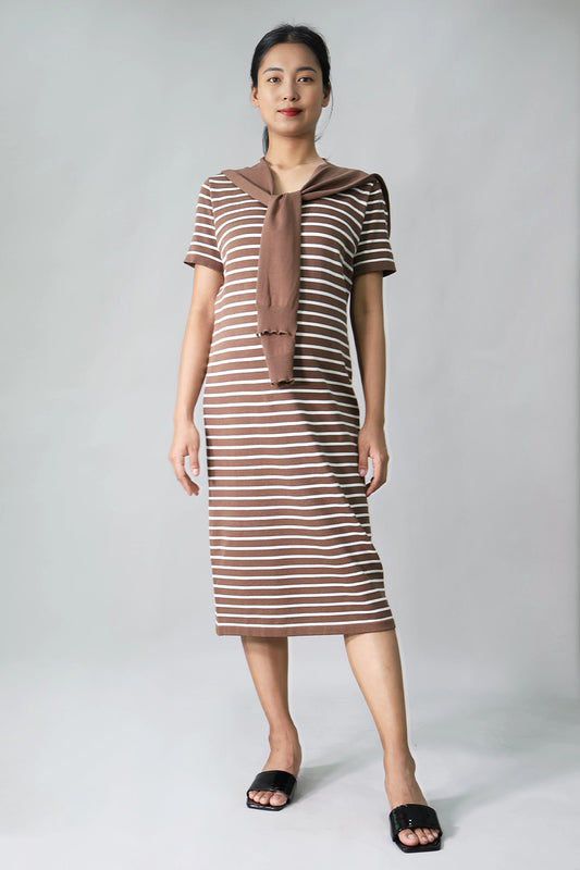 Striped knit maternity midi dress with scarf front view