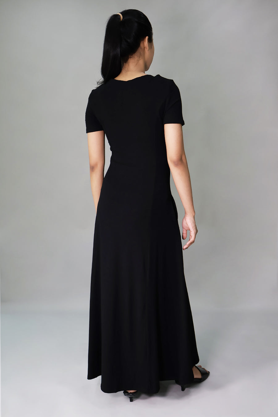 black v-neck maternity dress back view