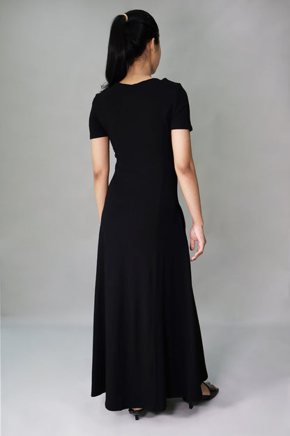 black v-neck maternity dress back view