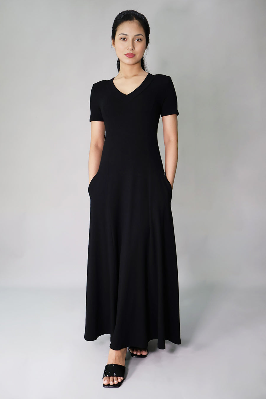 black stretch maternity dress front view