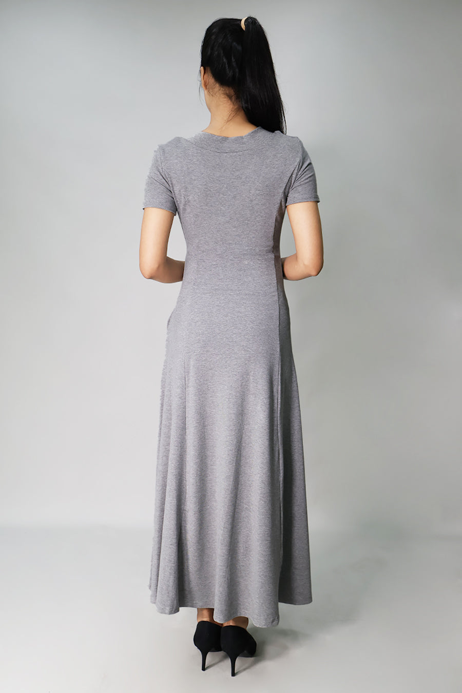 Grey jersey knit maternity maxi dress back view