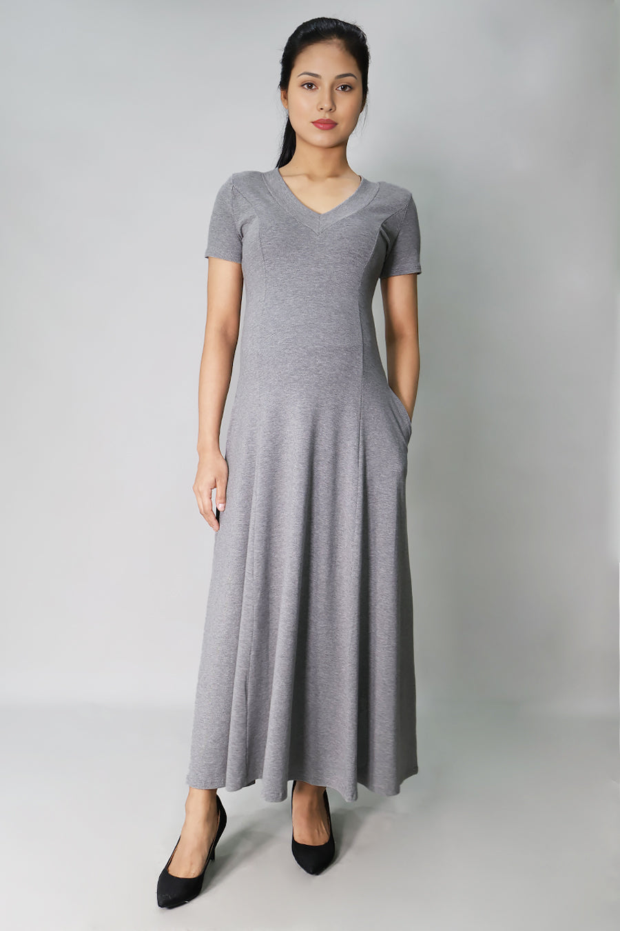 Grey jersey knit maternity maxi dress front view