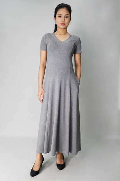 Grey jersey knit maternity maxi dress front view