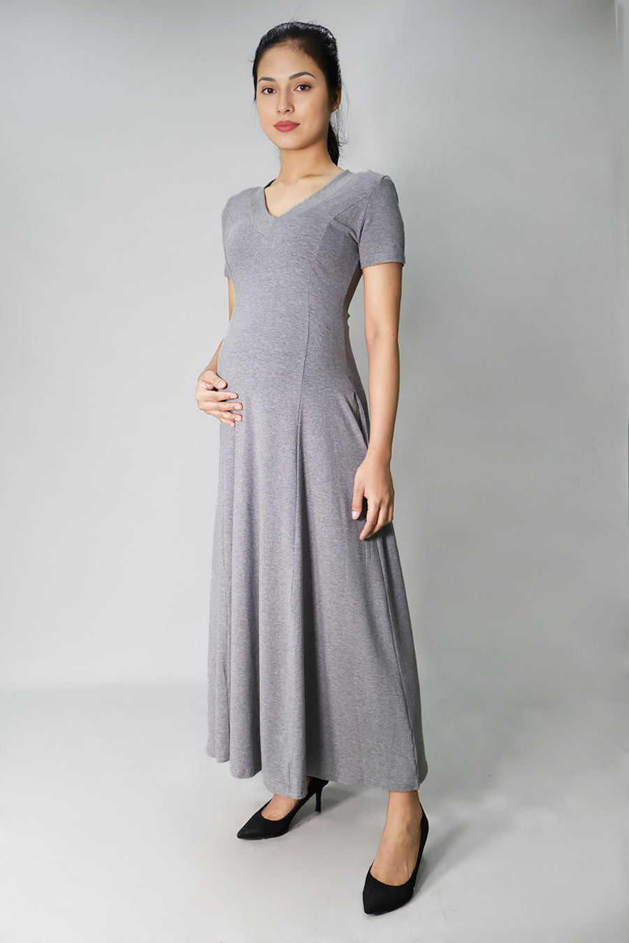 Grey jersey knit pregnancy maxi dress side view