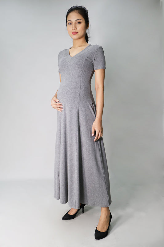 Grey jersey knit pregnancy maxi dress side view